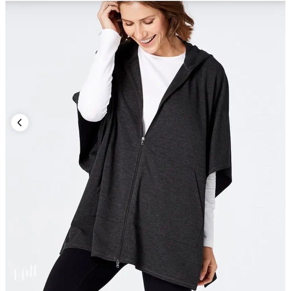 J.Jill Fit Black Hooded Zip Front Poncho Cape Jacket M/L Stretch Pockets